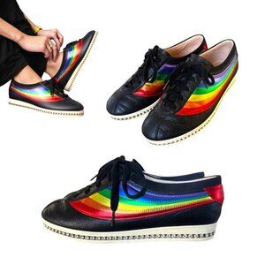 Gucci Rainbow Crystal Black Leather Trainers Falacer Sneakers US 8-8.5